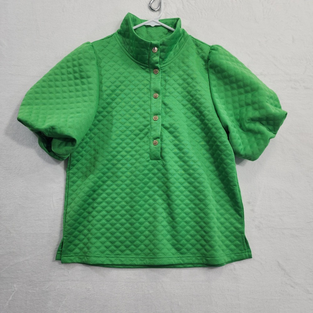 NEW Mary Square Top Womens XS Green Madelyn Quilted Mock Neck Puff Sleeve Blouse